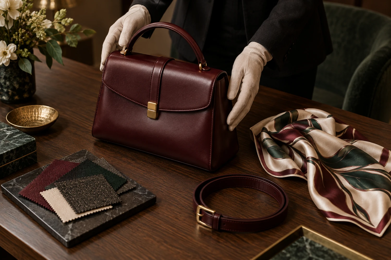 A curated handbag and accessories being presented with material swatches
