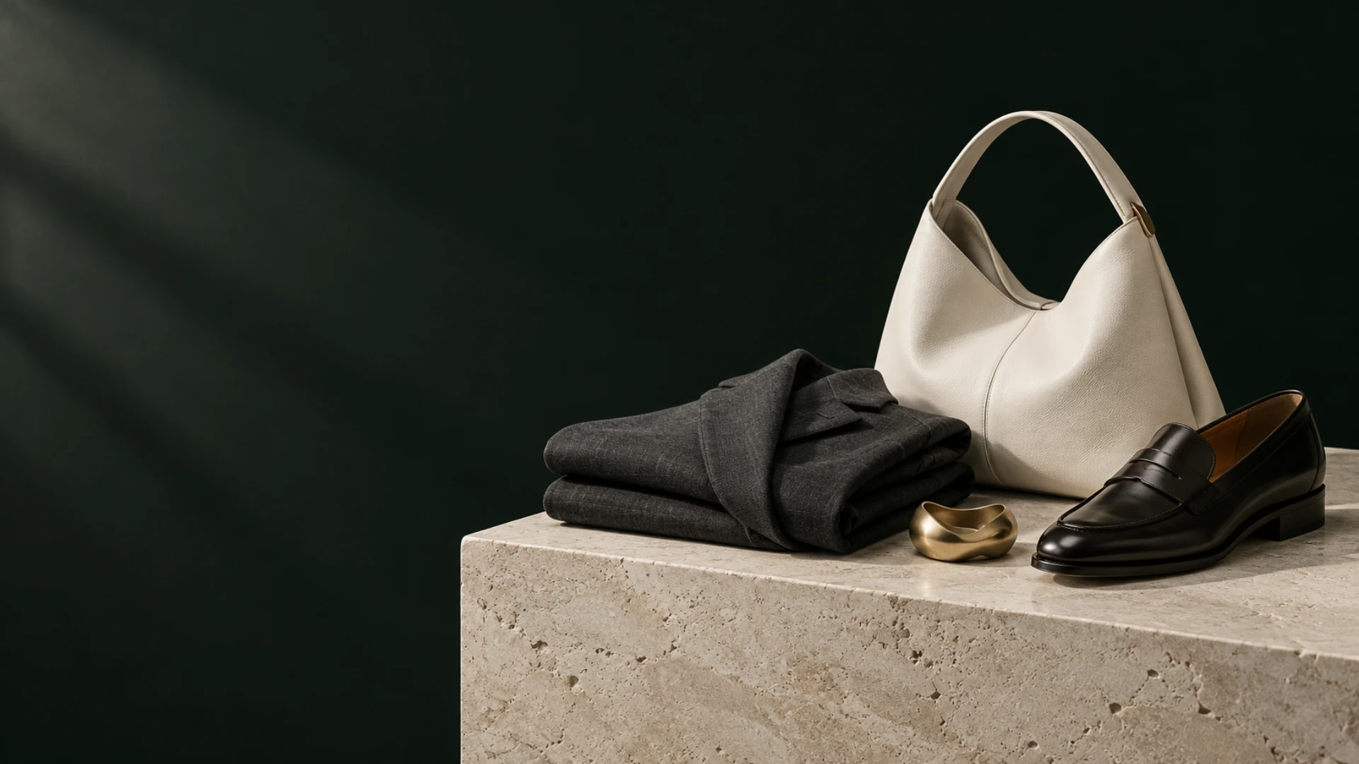 Curated handbag, tailored clothing, leather shoe and accessory arranged on a limestone plinth