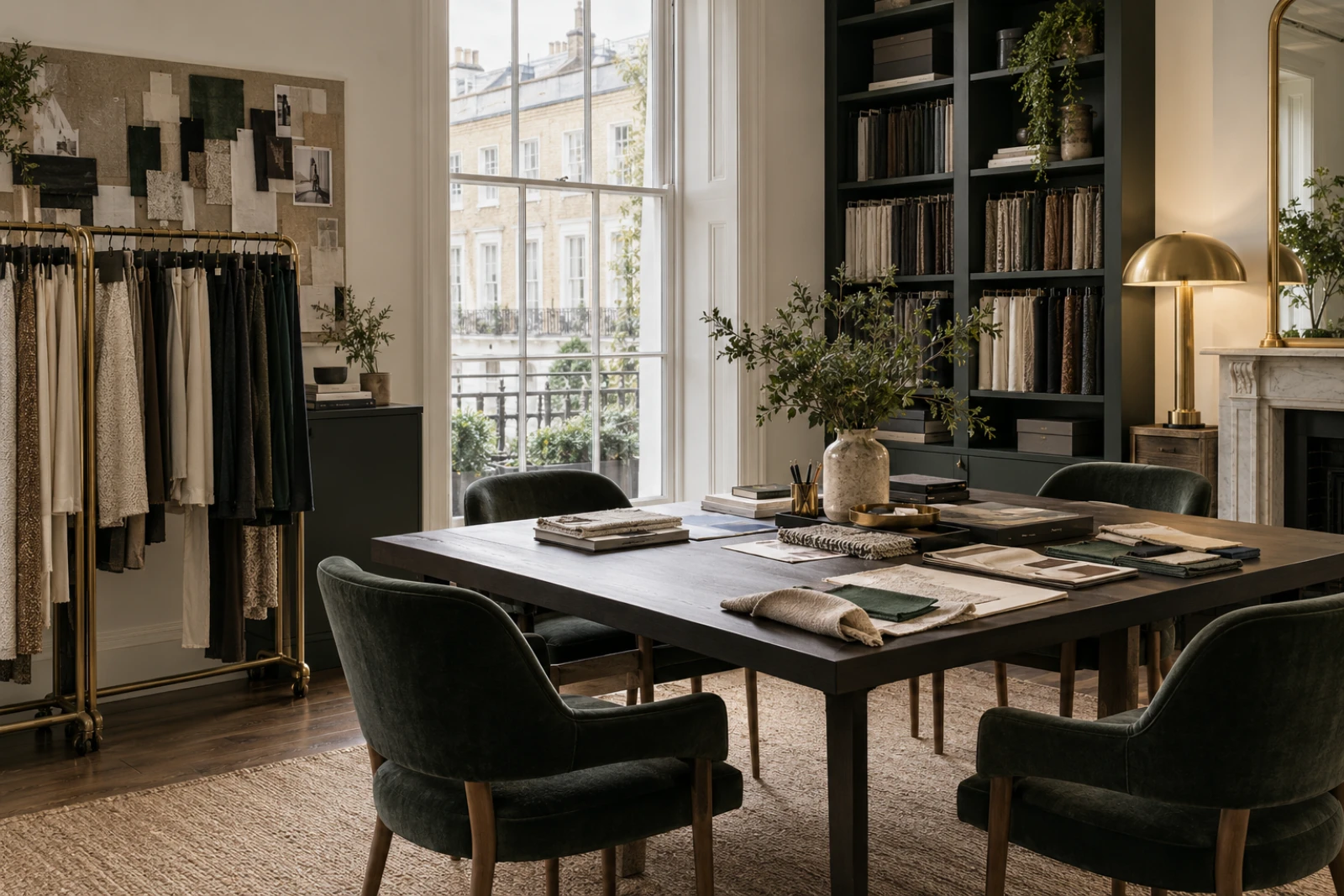Light-filled London fashion sourcing studio with a sample rail and consultation table