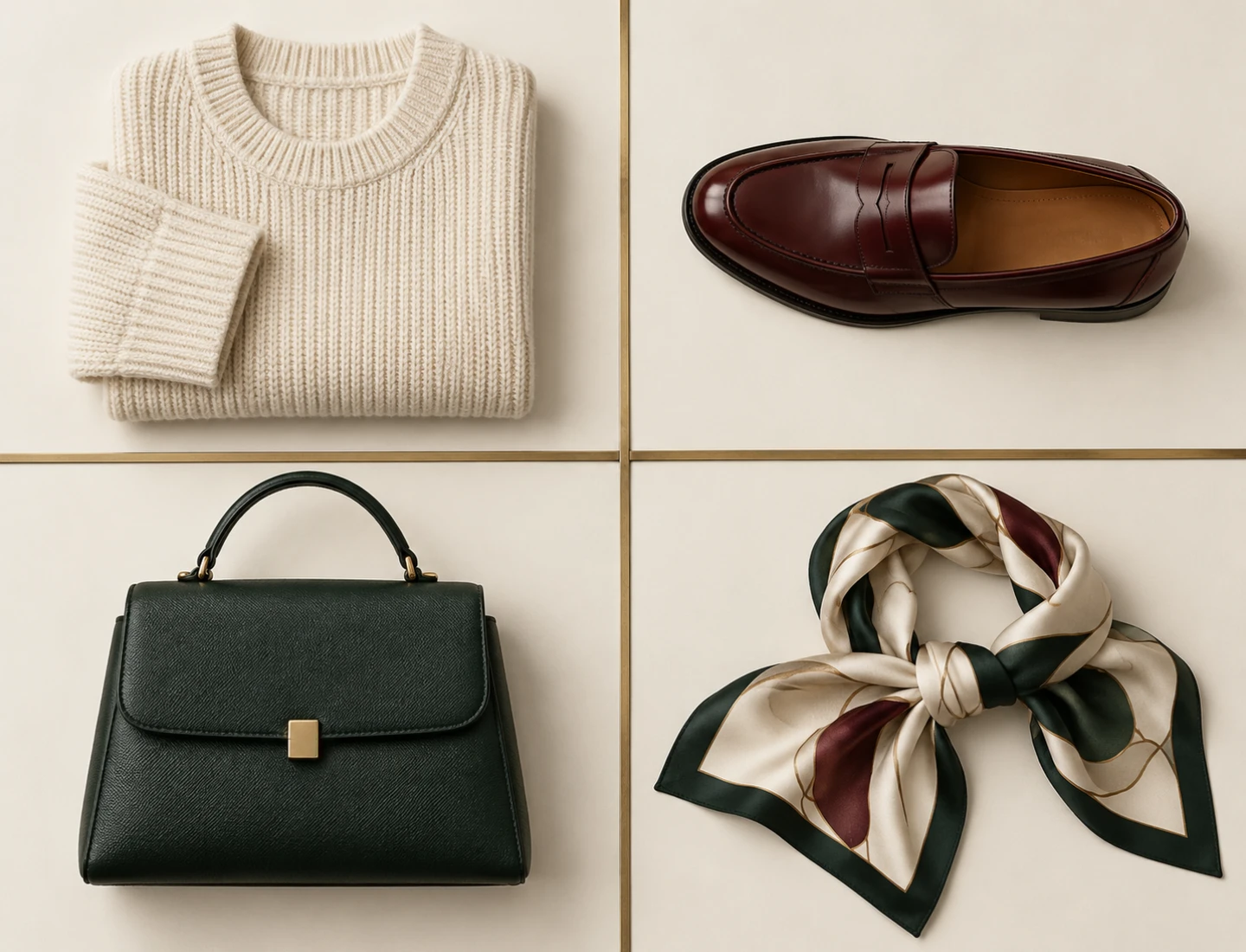 Overhead arrangement representing clothing, footwear, handbags and fashion accessories